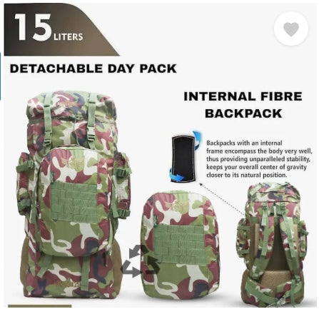 AZAD GEARS ARMY METAL FRAME HIKING RUCKSACK 125 LTR BAG WITH DETACHABLE 15 LTR BACKPACK AND MULTIPLE POCKETS AND  PROTECTED BASE FOR TREKKING AND TRAVELLING | MEN & WOMEN | ARMY JUNGLE| LARGE CAPACITY