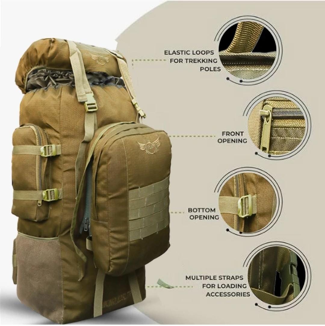 AZAD GEARS ARMY METAL FRAME HIKING RUCKSACK 125 LTR BAG WITH DETACHABLE 15 LTR BACKPACK AND MULTIPLE POCKETS AND  PROTECTED BASE FOR TREKKING AND TRAVELLING | MEN & WOMEN | ARMY LITE GREEN | LARGE CAPACITY