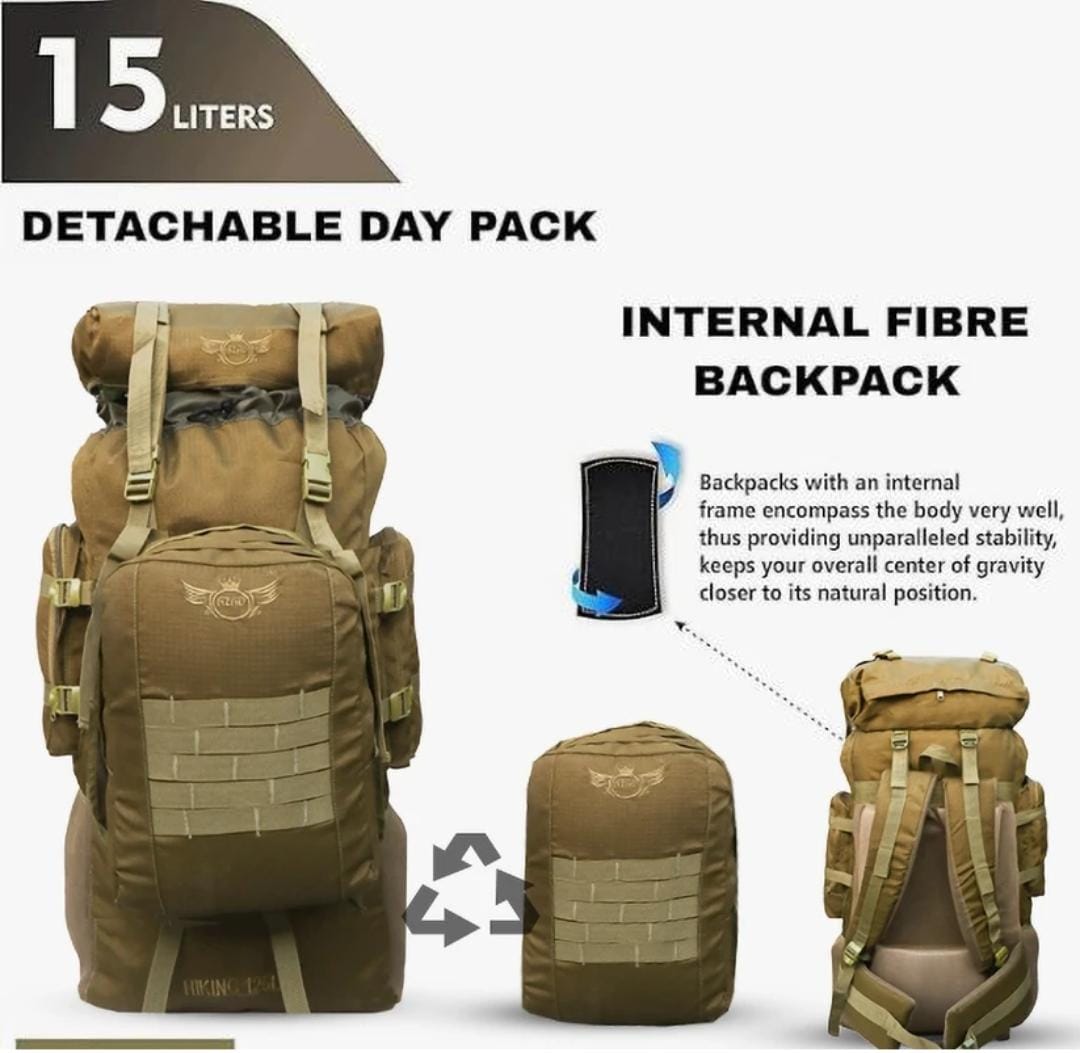 AZAD GEARS ARMY METAL FRAME HIKING RUCKSACK 125 LTR BAG WITH DETACHABLE 15 LTR BACKPACK AND MULTIPLE POCKETS AND  PROTECTED BASE FOR TREKKING AND TRAVELLING | MEN & WOMEN | ARMY LITE GREEN | LARGE CAPACITY