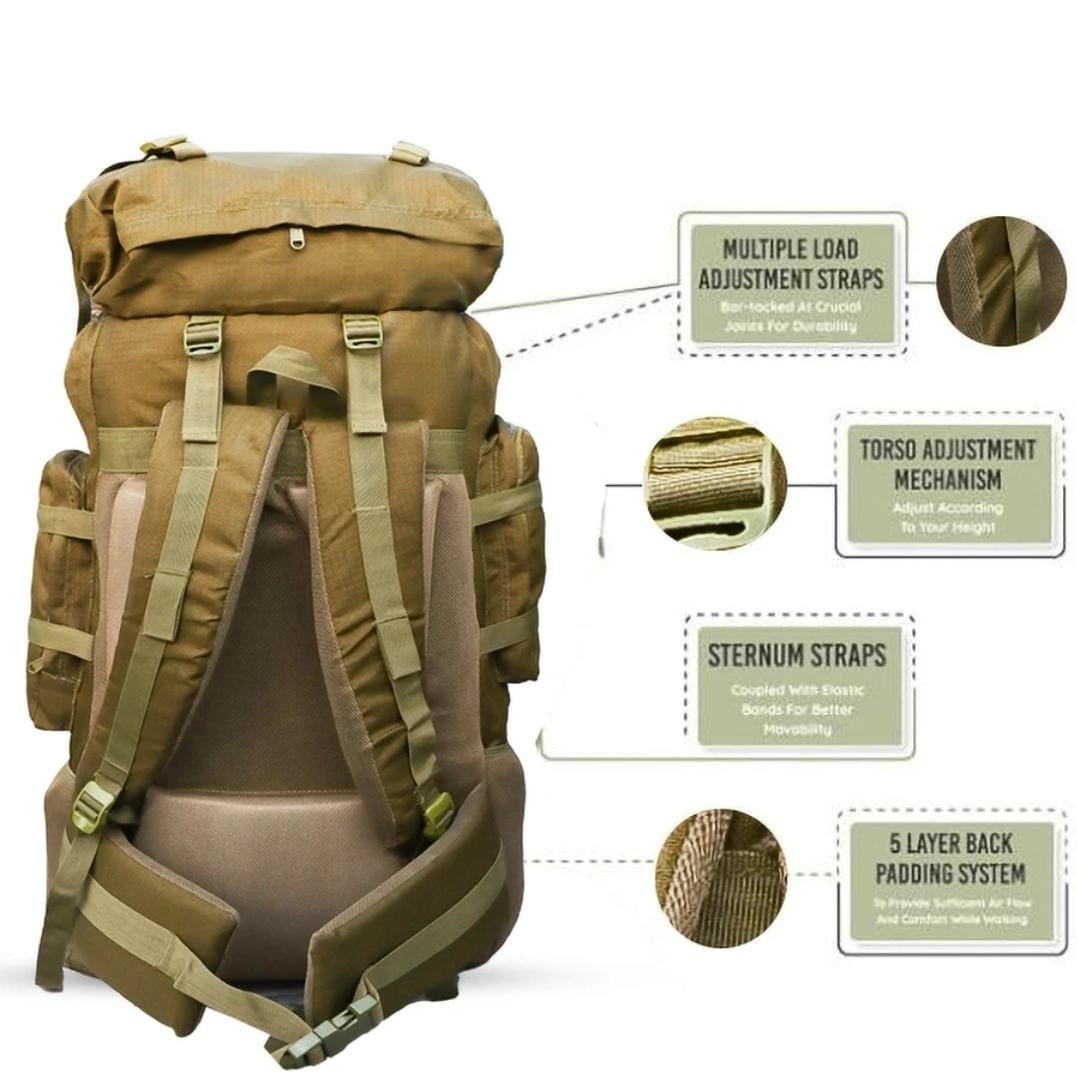 AZAD GEARS ARMY METAL FRAME HIKING RUCKSACK 125 LTR BAG WITH DETACHABLE 15 LTR BACKPACK AND MULTIPLE POCKETS AND  PROTECTED BASE FOR TREKKING AND TRAVELLING | MEN & WOMEN | ARMY LITE GREEN | LARGE CAPACITY
