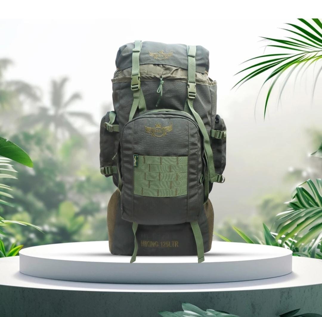 AZAD GEARS ARMY METAL FRAME HIKING RUCKSACK 125 LTR BAG WITH DETACHABLE BACKPACK AND MULTIPLE POCKETS AND  PROTECTED BASE FOR TREKKING AND TRAVELLING | MEN & WOMEN | ARMY GREEN | LARGE CAPACITY
