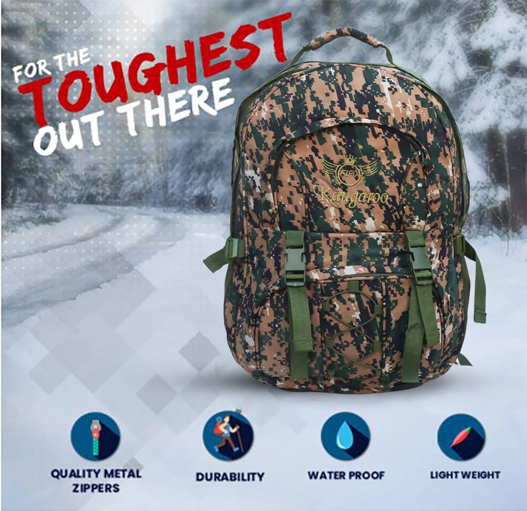AZAD GEARS ARMY KANGAROO 70 LTR BACKPACK WITH EXTRA SPACE WITH 2 COMPARTMENTS AND 3 POCKETS FOR TREKKING AND TRAVELLING | MEN & WOMEN | ARMY COBRA| FREE SIZE