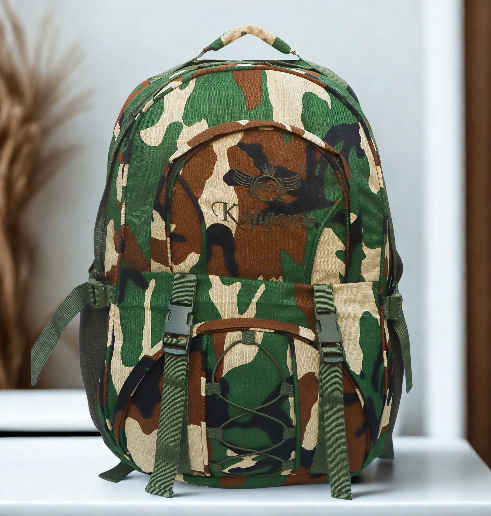 AZAD GEARS ARMY KANGAROO 70 LTR BACKPACK WITH EXTRA SPACE WITH 2 COMPARTMENTS AND 3 POCKETS FOR TREKKING AND TRAVELLING | MEN & WOMEN | ARMY POLYESTER CAMOUFLAGE| FREE SIZE