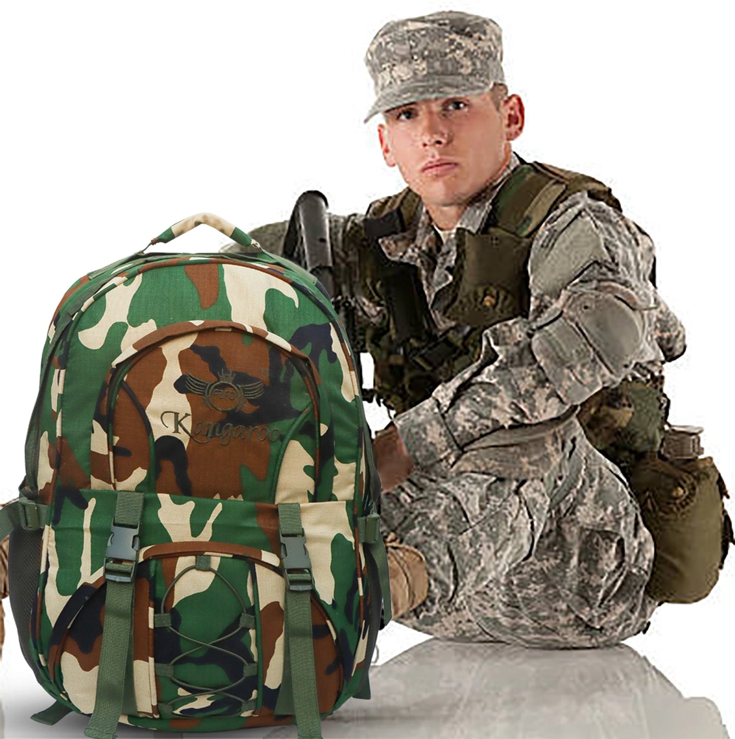 AZAD GEARS ARMY KANGAROO 70 LTR BACKPACK WITH EXTRA SPACE WITH 2 COMPARTMENTS AND 3 POCKETS FOR TREKKING AND TRAVELLING | MEN & WOMEN | ARMY POLYESTER CAMOUFLAGE| FREE SIZE