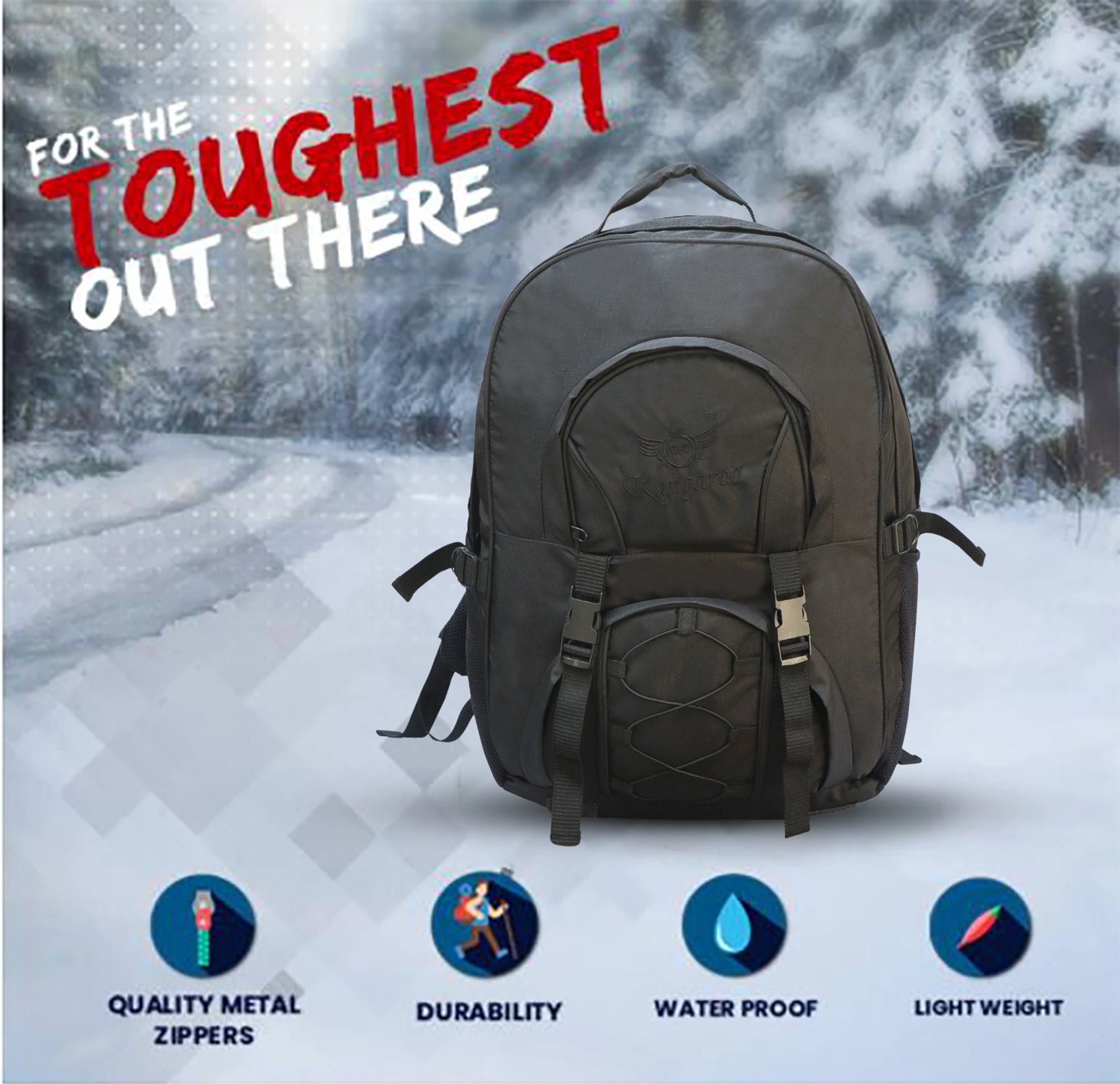AZAD GEARS ARMY KANGAROO 70 LTR BACKPACK WITH EXTRA SPACE WITH 2 COMPARTMENTS AND 3 POCKETS FOR TREKKING AND TRAVELLING | MEN & WOMEN | ARMY BLACK| FREE SIZE