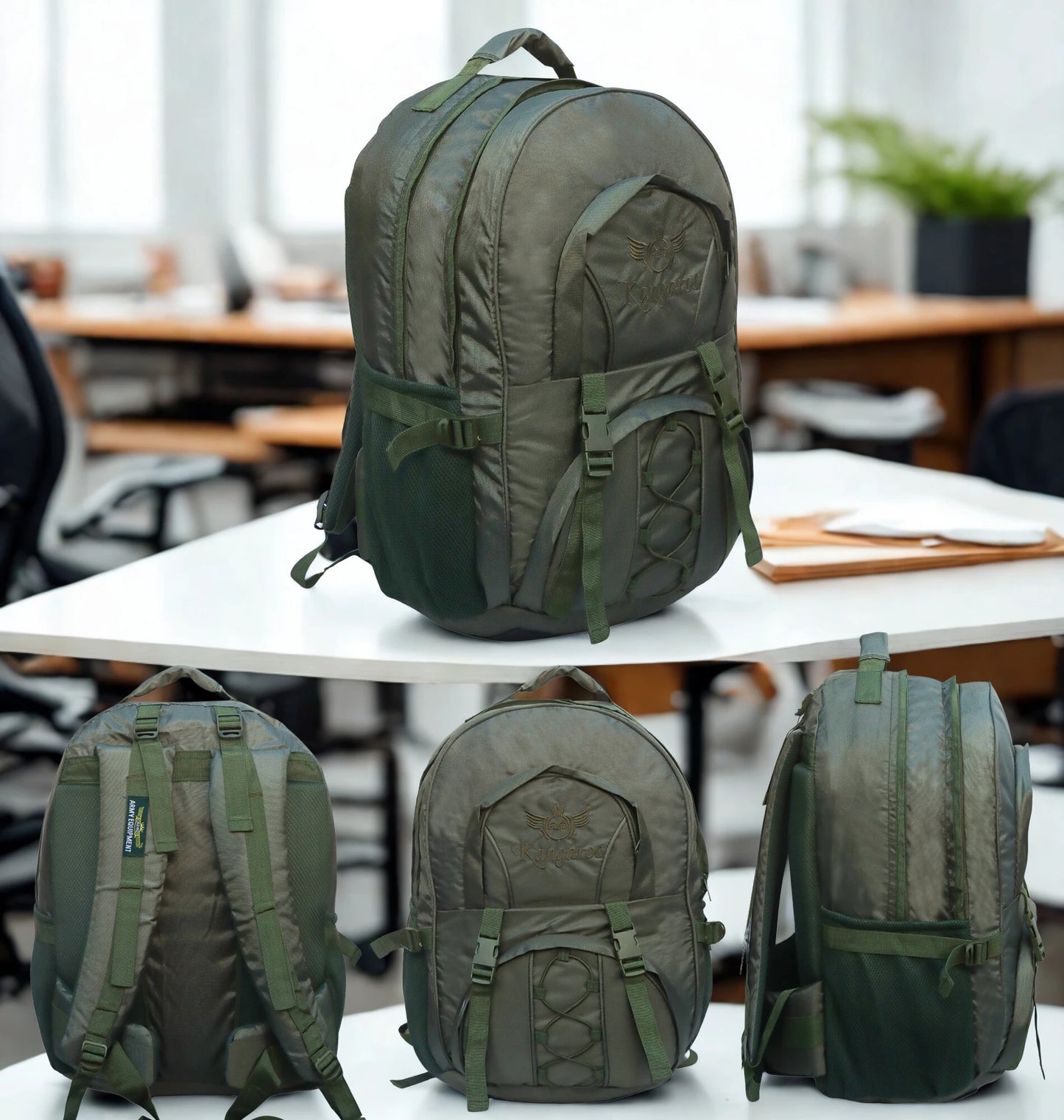 AZAD GEARS ARMY KANGAROO 70 LTR BACKPACK WITH EXTRA SPACE WITH 2 COMPARTMENTS AND 3 POCKETS FOR TREKKING AND TRAVELLING | MEN & WOMEN | ARMY GREEN| FREE SIZE