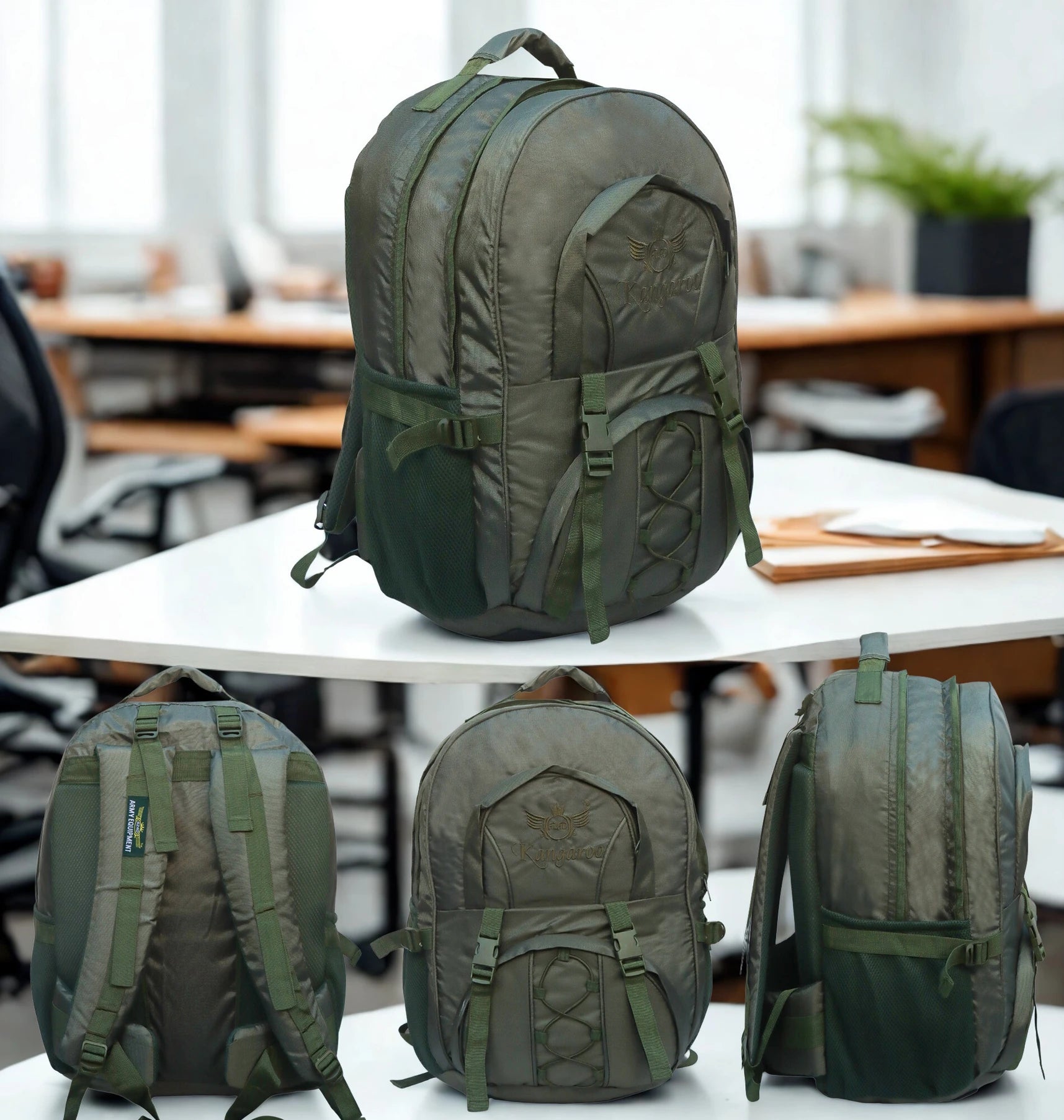 AZAD GEARS ARMY KANGAROO 70 LTR BACKPACK WITH EXTRA SPACE WITH 2 COMPARTMENTS AND 3 POCKETS FOR TREKKING AND TRAVELLING | MEN & WOMEN | ARMY GREEN| FREE SIZE