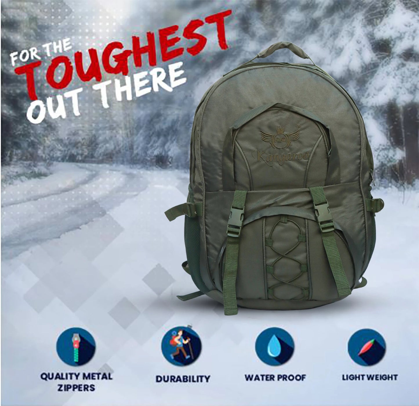 AZAD GEARS ARMY KANGAROO 70 LTR BACKPACK WITH EXTRA SPACE WITH 2 COMPARTMENTS AND 3 POCKETS FOR TREKKING AND TRAVELLING | MEN & WOMEN | ARMY GREEN| FREE SIZE