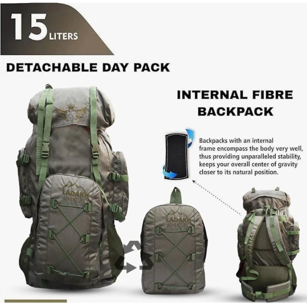 AZAD GEARS ARMY METAL FRAME LADDAK RUCKSACK 125 LTR BAG WITH DETACHABLE BACKPACK AND MULTIPLE POCKETS AND  PROTECTED BASE FOR TREKKING AND TRAVELLING | MEN & WOMEN | ARMY GREEN | LARGE CAPACITY