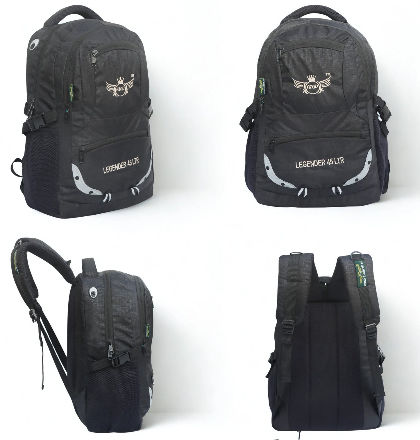AZAD GEARS ARMY LEGENDER 45 LTR BACKPACK WITH EXTRA SPACE WITH 2 COMPARTMENT AND 4 POCKETS FOR TREKKING AND TRAVELLING | MEN & WOMEN | ARMY BLACK| FREE SIZE