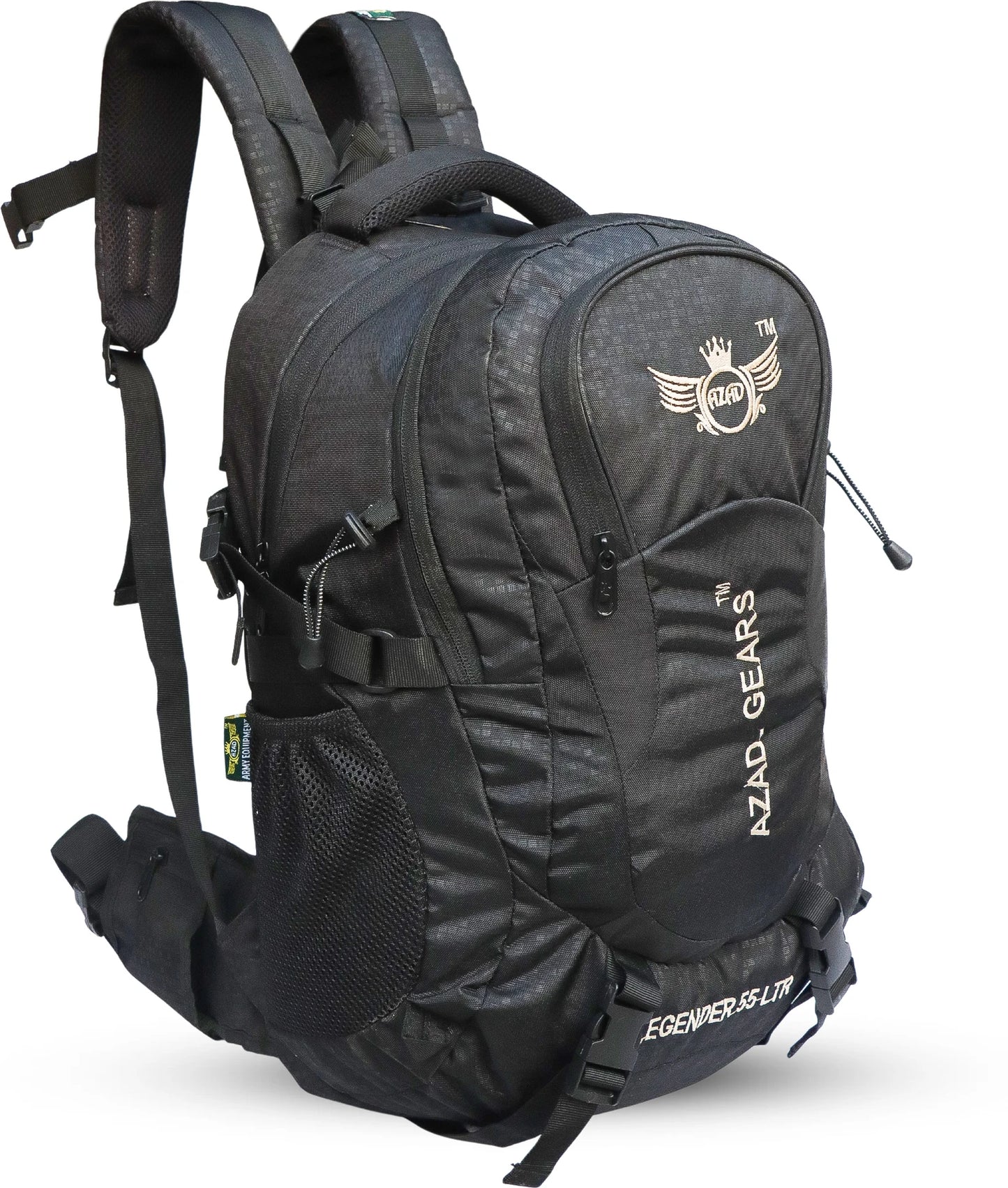 AZAD GEARS ARMY LEGENDER 55 LTR BACKPACK WITH EXTRA SPACE WITH 2 COMPARTMENT AND 4 POCKETS FOR TREKKING AND TRAVELLING | MEN & WOMEN | ARMY BLACK| FREE SIZE