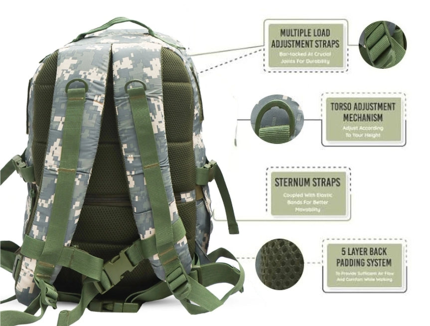 AZAD GEARS ARMY RIDER 35 LTR BACKPACK WITH EXTRA SPACE WITH 1 COMPARTMENT AND 5 POCKETS FOR TREKKING AND TRAVELLING | MEN & WOMEN | ARMY COBRA LITE | FREE SIZE