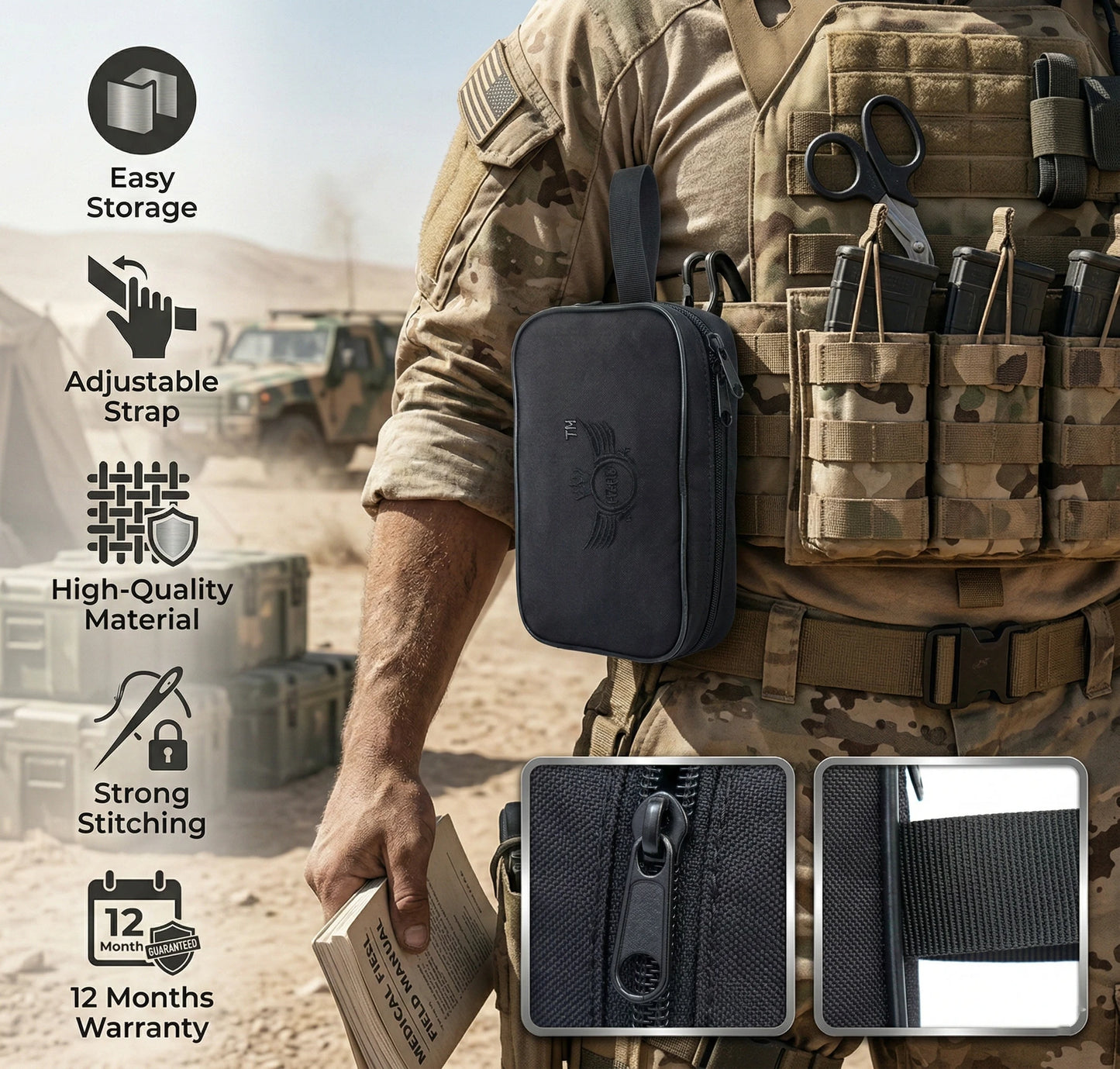 AZAD GEARS ARMY JOSH SHAVING KIT WITH 3 COMPARTMENTS AND 1 POCKET FOR TREKKING AND TRAVELLING | ARMY TRAVEL SHAVING KIT & BAGS | MEN & WOMEN |ARMY BLACK| FREE SIZE