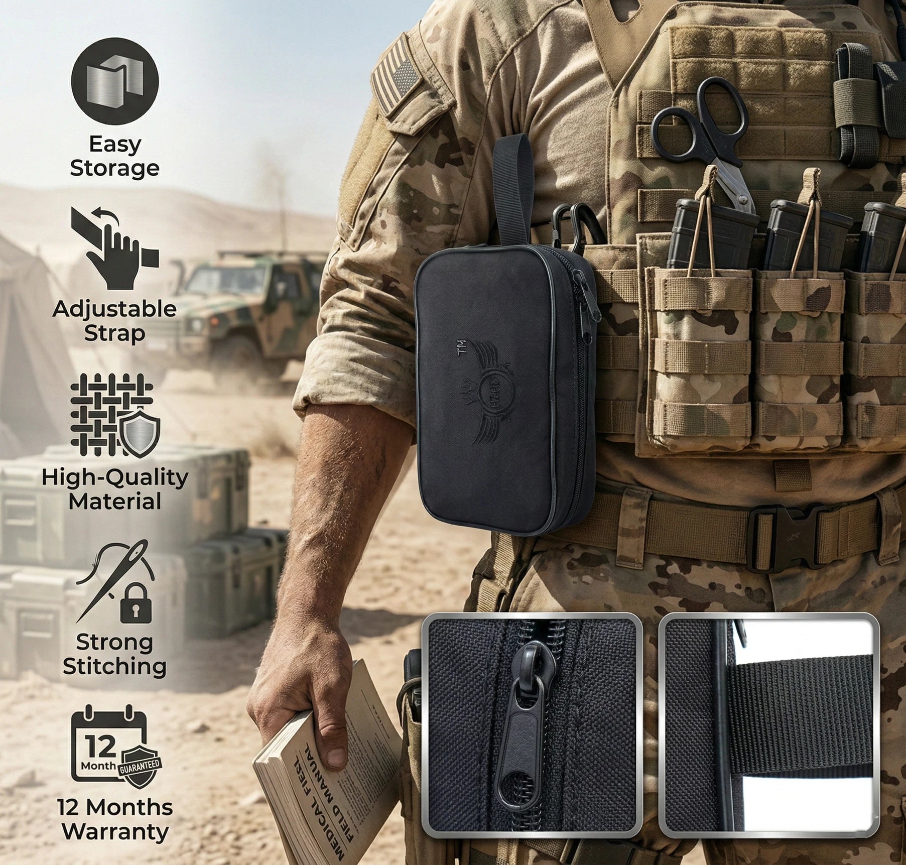 AZAD GEARS ARMY JOSH SHAVING KIT WITH 3 COMPARTMENTS AND 1 POCKET FOR TREKKING AND TRAVELLING | ARMY TRAVEL SHAVING KIT & BAGS | MEN & WOMEN |ARMY BLACK| FREE SIZE