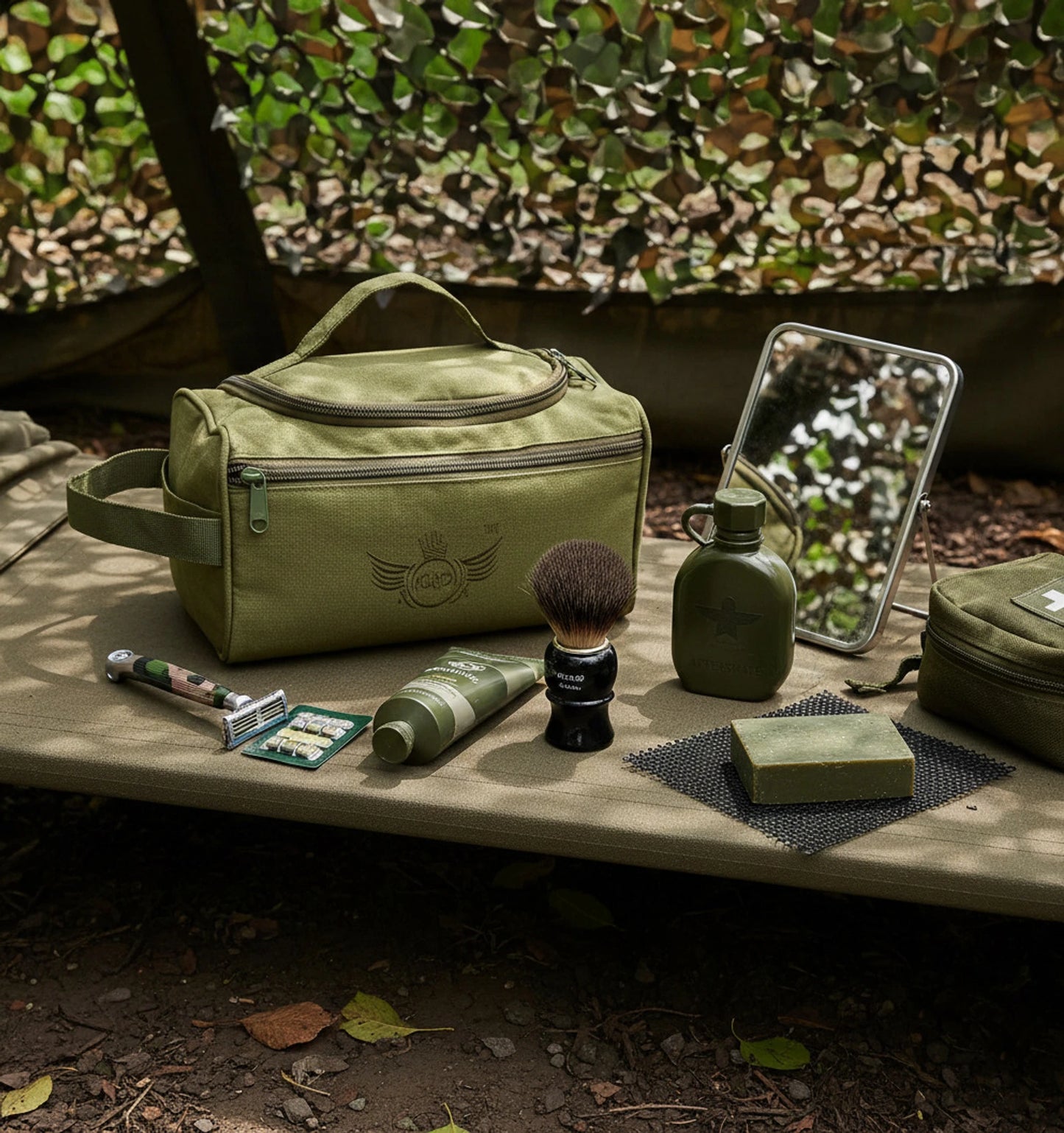 AZAD GEARS ARMY SHAVING BAG BOX WITH 1 COMPARTMENT AND 2 POCKETS FOR TREKKING AND TRAVELLING | ARMY TRAVEL SHAVING KIT & BAGS | MEN & WOMEN |ARMY GREEN| FREE SIZE