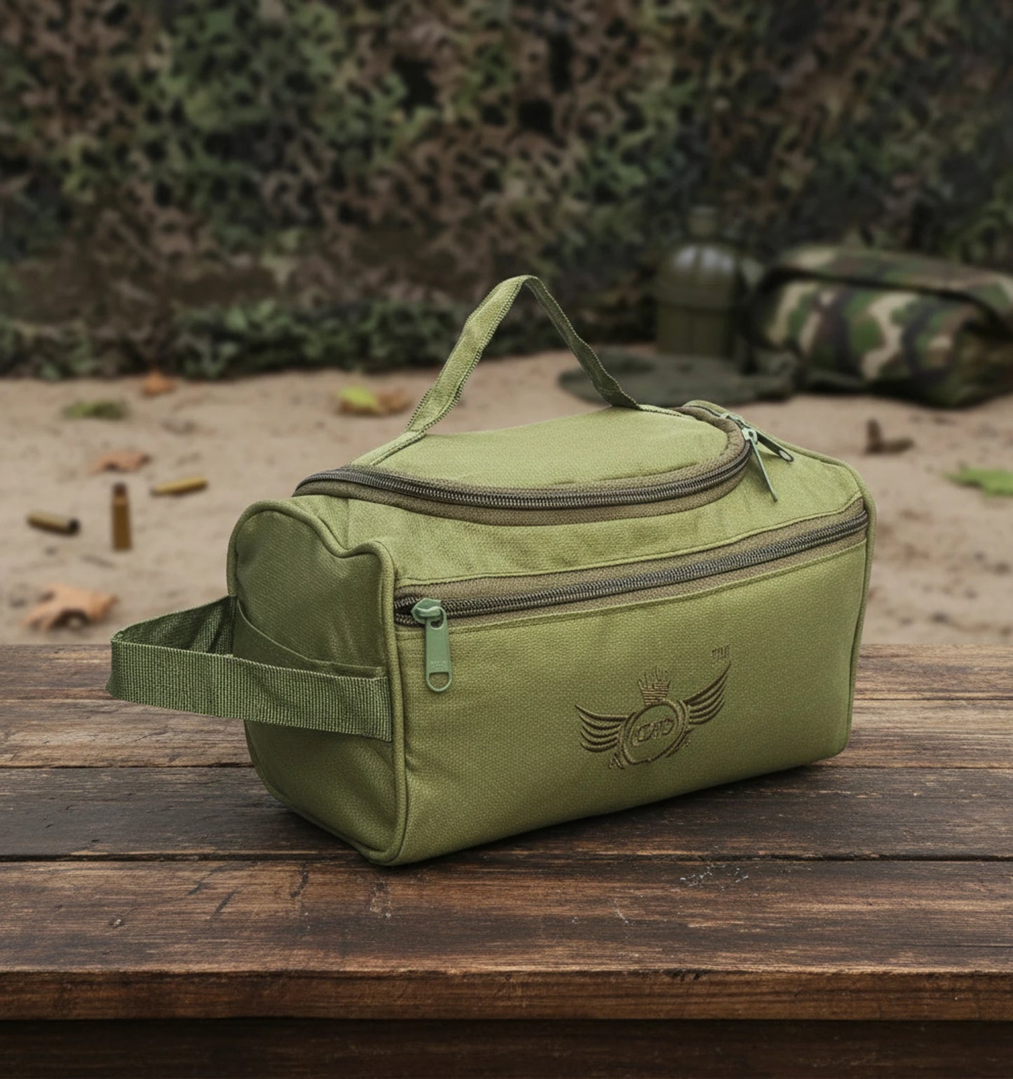 AZAD GEARS ARMY SHAVING BAG BOX WITH 1 COMPARTMENT AND 2 POCKETS FOR TREKKING AND TRAVELLING | ARMY TRAVEL SHAVING KIT & BAGS | MEN & WOMEN |ARMY GREEN| FREE SIZE