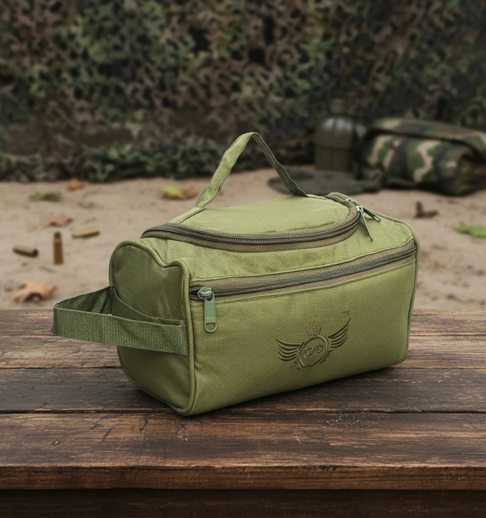 AZAD GEARS ARMY SHAVING BAG BOX WITH 1 COMPARTMENT AND 2 POCKETS FOR TREKKING AND TRAVELLING | ARMY TRAVEL SHAVING KIT & BAGS | MEN & WOMEN |ARMY GREEN| FREE SIZE