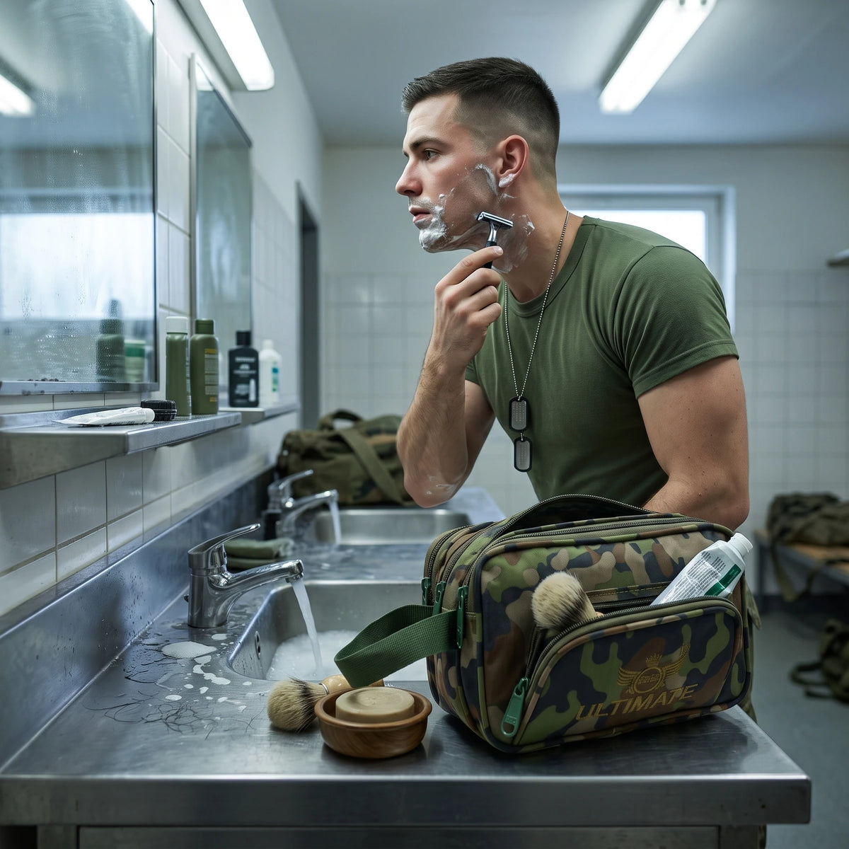 AZAD GEARS ARMY ULTIMATE SHAVING KIT WITH 3 COMPARTMENTS AND 1 POCKET FOR TREKKING AND TRAVELLING | ARMY TRAVEL SHAVING KIT & BAGS | MEN & WOMEN |ARMY WOODLAND CAMOUFLAGE| FREE SIZE