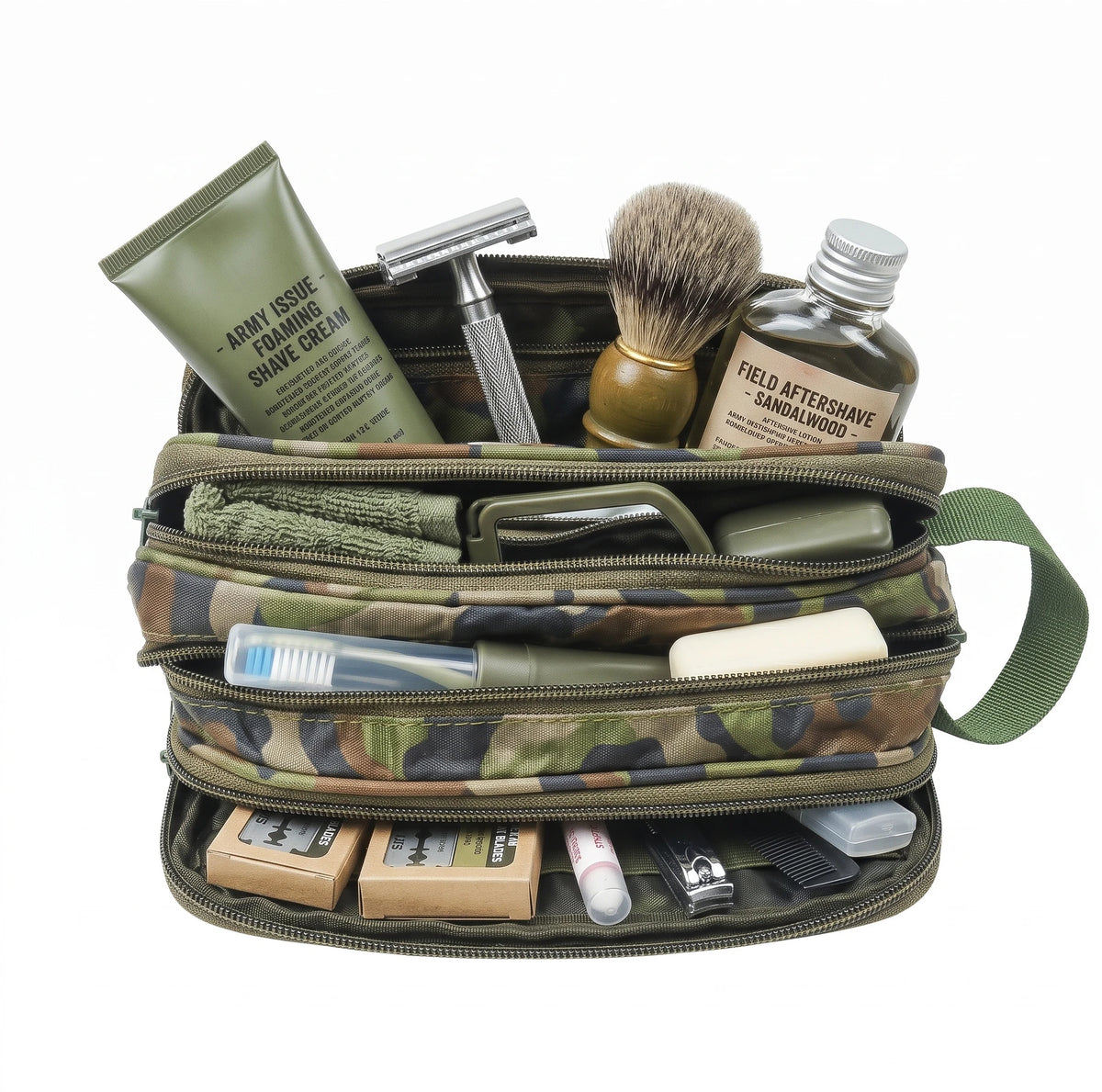 AZAD GEARS ARMY ULTIMATE SHAVING KIT WITH 3 COMPARTMENTS AND 1 POCKET FOR TREKKING AND TRAVELLING | ARMY TRAVEL SHAVING KIT & BAGS | MEN & WOMEN |ARMY WOODLAND CAMOUFLAGE| FREE SIZE