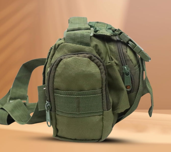 AZAD GEARS ARMY WAIST BAGS FOR CASUAL WITH EXTRA SPACE WITH 1 COMPARTMENT AND 3 POCKETS FOR TREKKING AND TRAVELLING | ARMY WAIST BAGS WITH SHOULDER STRAP | MEN & WOMEN | ARMY GREEN | FREE SIZE