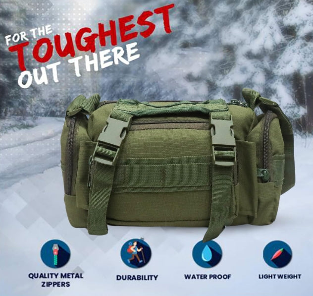 AZAD GEARS ARMY WAIST BAGS FOR CASUAL WITH EXTRA SPACE WITH 1 COMPARTMENT AND 3 POCKETS FOR TREKKING AND TRAVELLING | ARMY WAIST BAGS WITH SHOULDER STRAP | MEN & WOMEN | ARMY GREEN | FREE SIZE