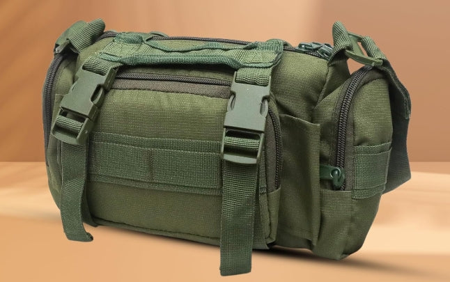 AZAD GEARS ARMY WAIST BAGS FOR CASUAL WITH EXTRA SPACE WITH 1 COMPARTMENT AND 3 POCKETS FOR TREKKING AND TRAVELLING | ARMY WAIST BAGS WITH SHOULDER STRAP | MEN & WOMEN | ARMY GREEN | FREE SIZE