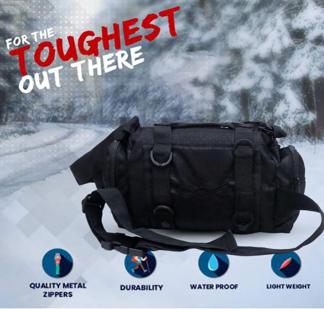 AZAD GEARS ARMY WAIST BAGS FOR CASUAL WITH EXTRA SPACE WITH 1 COMPARTMENT AND 3 POCKETS FOR TREKKING AND TRAVELLING | ARMY WAIST BAGS WITH SHOULDER STRAP | MEN & WOMEN | ARMY BLACK | FREE SIZE