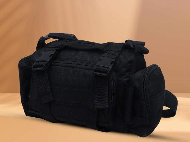 AZAD GEARS ARMY WAIST BAGS FOR CASUAL WITH EXTRA SPACE WITH 1 COMPARTMENT AND 3 POCKETS FOR TREKKING AND TRAVELLING | ARMY WAIST BAGS WITH SHOULDER STRAP | MEN & WOMEN | ARMY BLACK | FREE SIZE