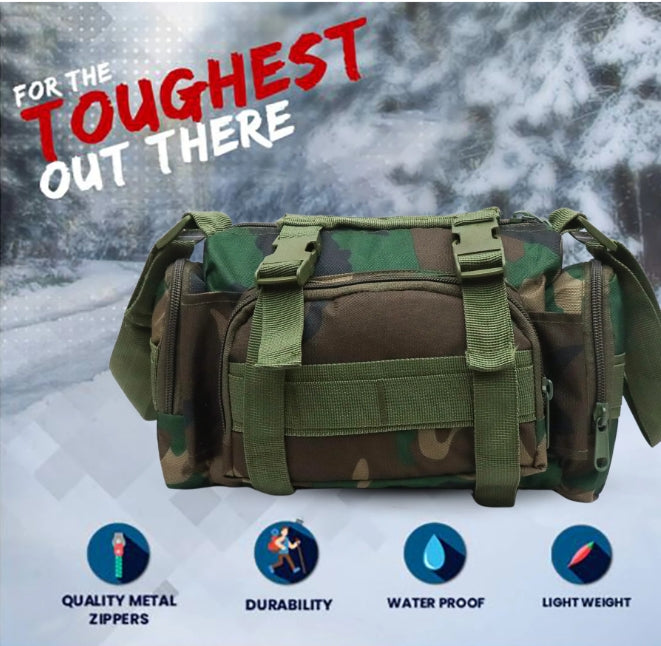 AZAD GEARS ARMY WAIST BAGS FOR CASUAL WITH EXTRA SPACE WITH 1 COMPARTMENT AND 3 POCKETS FOR TREKKING AND TRAVELLING | ARMY WAIST BAGS WITH SHOULDER STRAP | MEN & WOMEN | ARMY GREEN CAMOUFLAGE | FREE SIZE