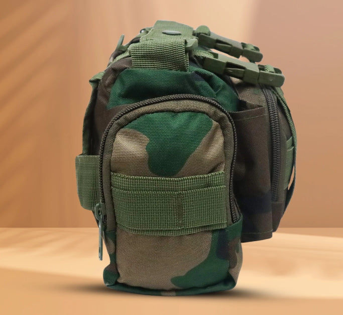 AZAD GEARS ARMY WAIST BAGS FOR CASUAL WITH EXTRA SPACE WITH 1 COMPARTMENT AND 3 POCKETS FOR TREKKING AND TRAVELLING | ARMY WAIST BAGS WITH SHOULDER STRAP | MEN & WOMEN | ARMY GREEN CAMOUFLAGE | FREE SIZE