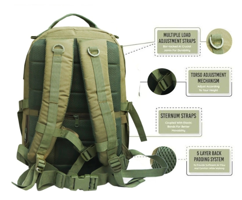 AZAD GEARS ARMY RIDER 35 LTR BACKPACK WITH EXTRA SPACE WITH 1 COMPARTMENT AND 5 POCKETS FOR TREKKING AND TRAVELLING | MEN & WOMEN | ARMY GREEN | FREE SIZE