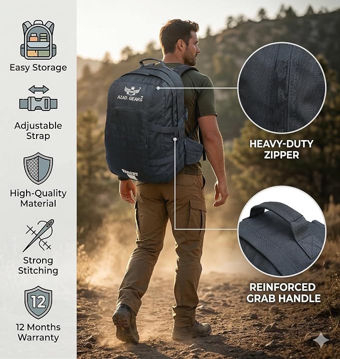 AZAD GEARS ARMY TARGET 90 LTR BACKPACK WITH EXTRA SPACE WITH 3 COMPARTMENT AND 5 POCKETS FOR TREKKING AND TRAVELLING | MEN & WOMEN | ARMY BLACK| FREE SIZE