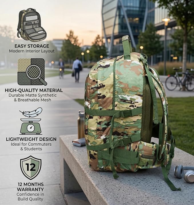 AZAD GEARS ARMY TARGET 90 LTR BACKPACK WITH EXTRA SPACE WITH 3 COMPARTMENT AND 5 POCKETS FOR TREKKING AND TRAVELLING | MEN & WOMEN | ARMY U.S. PRINT CAMOUFLAGE| FREE SIZE