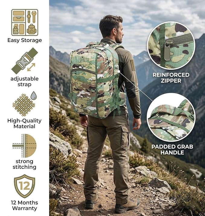AZAD GEARS ARMY TARGET 90 LTR BACKPACK WITH EXTRA SPACE WITH 3 COMPARTMENT AND 5 POCKETS FOR TREKKING AND TRAVELLING | MEN & WOMEN | ARMY U.S. PRINT CAMOUFLAGE| FREE SIZE