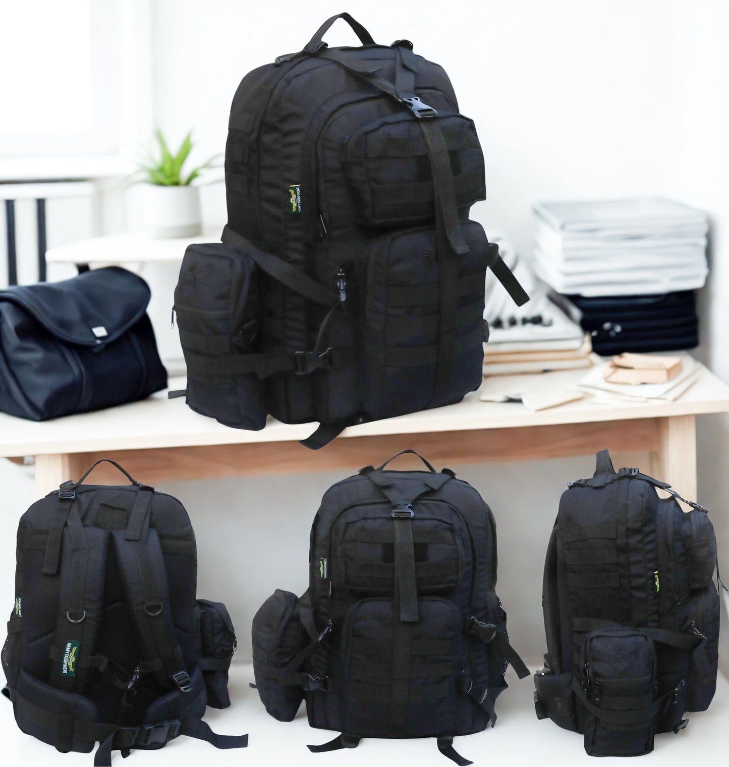 AZAD GEARS ARMY WAAR 70 LTR BACKPACK WITH EXTRA SPACE WITH 3 COMPARTMENT AND 5 POCKETS AND DETACHABLE SLING BAG FOR TREKKING AND TRAVELLING | MEN & WOMEN | ARMY BLACK| FREE SIZE