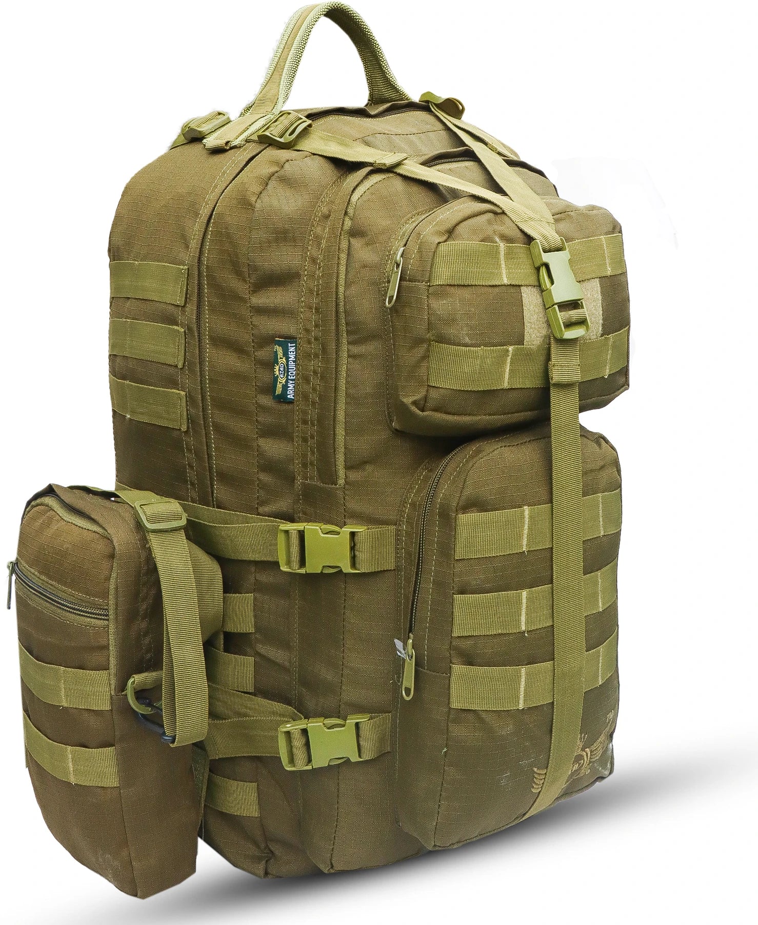 AZAD GEARS ARMY WAAR 70 LTR BACKPACK WITH EXTRA SPACE WITH 3 COMPARTMENT AND 5 POCKETS AND DETACHABLE SLING BAG FOR TREKKING AND TRAVELLING | MEN & WOMEN | ARMY LITE GREEN| FREE SIZE