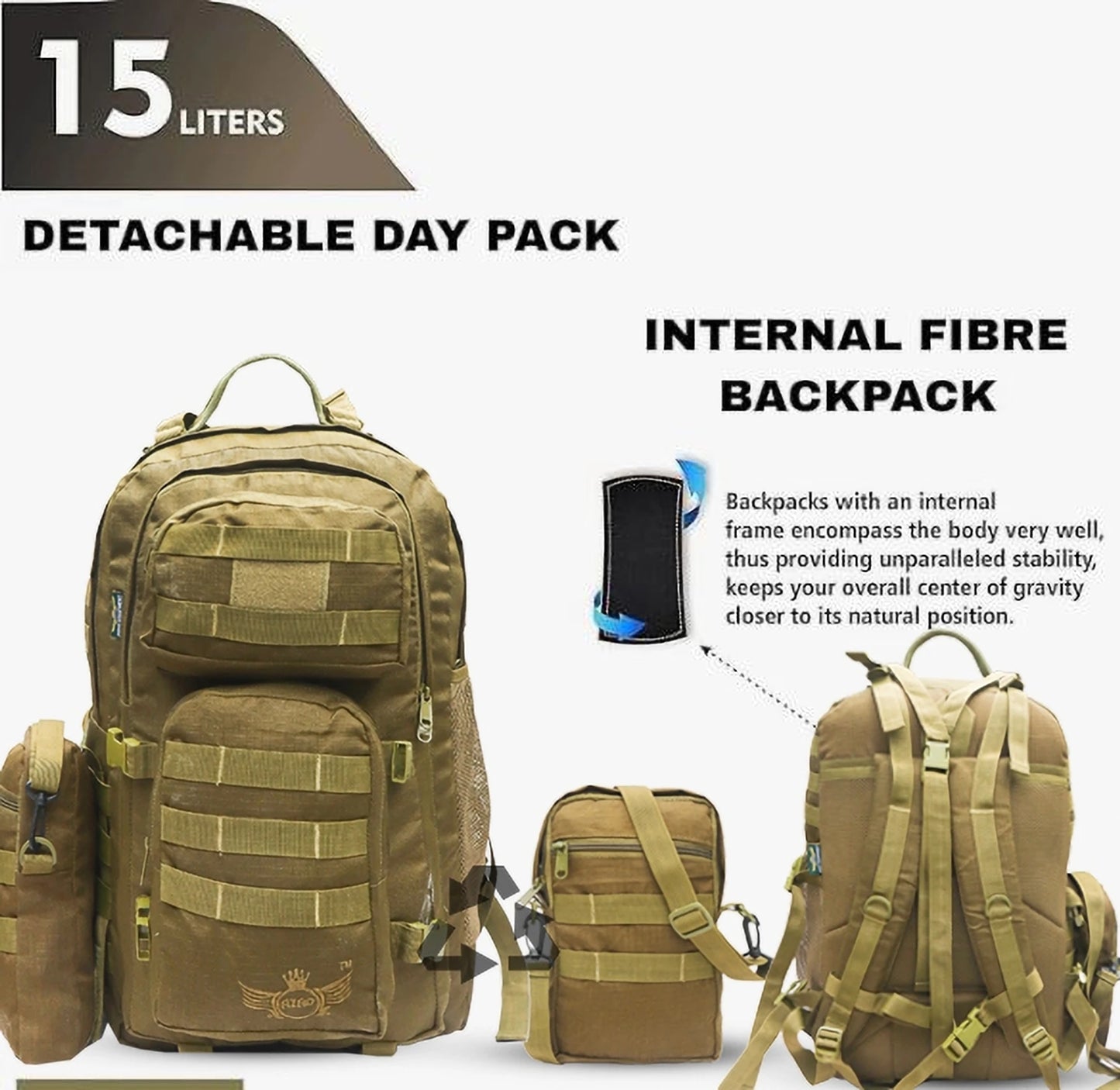 AZAD GEARS ARMY WAAR 70 LTR BACKPACK WITH EXTRA SPACE WITH 3 COMPARTMENT AND 5 POCKETS AND DETACHABLE SLING BAG FOR TREKKING AND TRAVELLING | MEN & WOMEN | ARMY LITE GREEN| FREE SIZE
