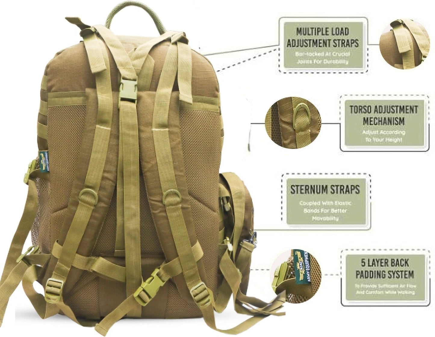 AZAD GEARS ARMY WAAR 70 LTR BACKPACK WITH EXTRA SPACE WITH 3 COMPARTMENT AND 5 POCKETS AND DETACHABLE SLING BAG FOR TREKKING AND TRAVELLING | MEN & WOMEN | ARMY LITE GREEN| FREE SIZE