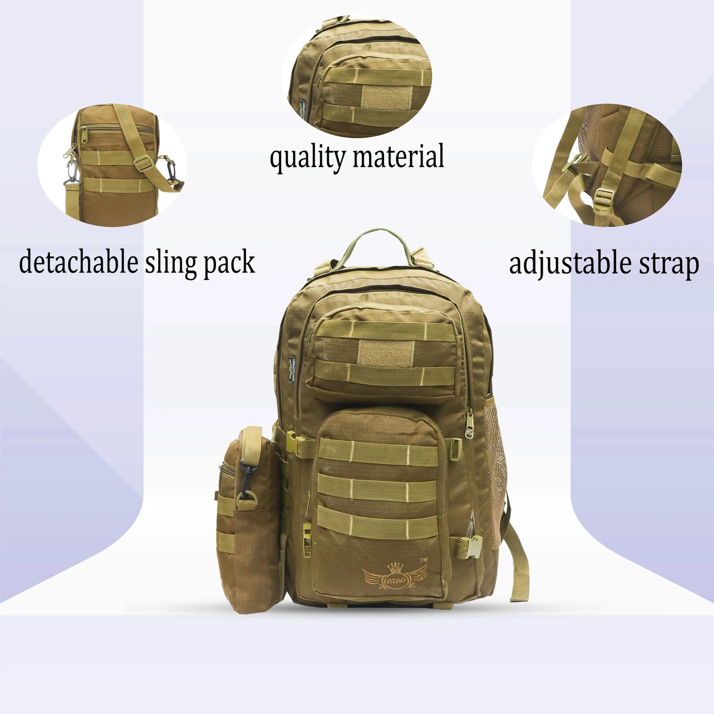 AZAD GEARS ARMY WAAR 70 LTR BACKPACK WITH EXTRA SPACE WITH 3 COMPARTMENT AND 5 POCKETS AND DETACHABLE SLING BAG FOR TREKKING AND TRAVELLING | MEN & WOMEN | ARMY LITE GREEN| FREE SIZE