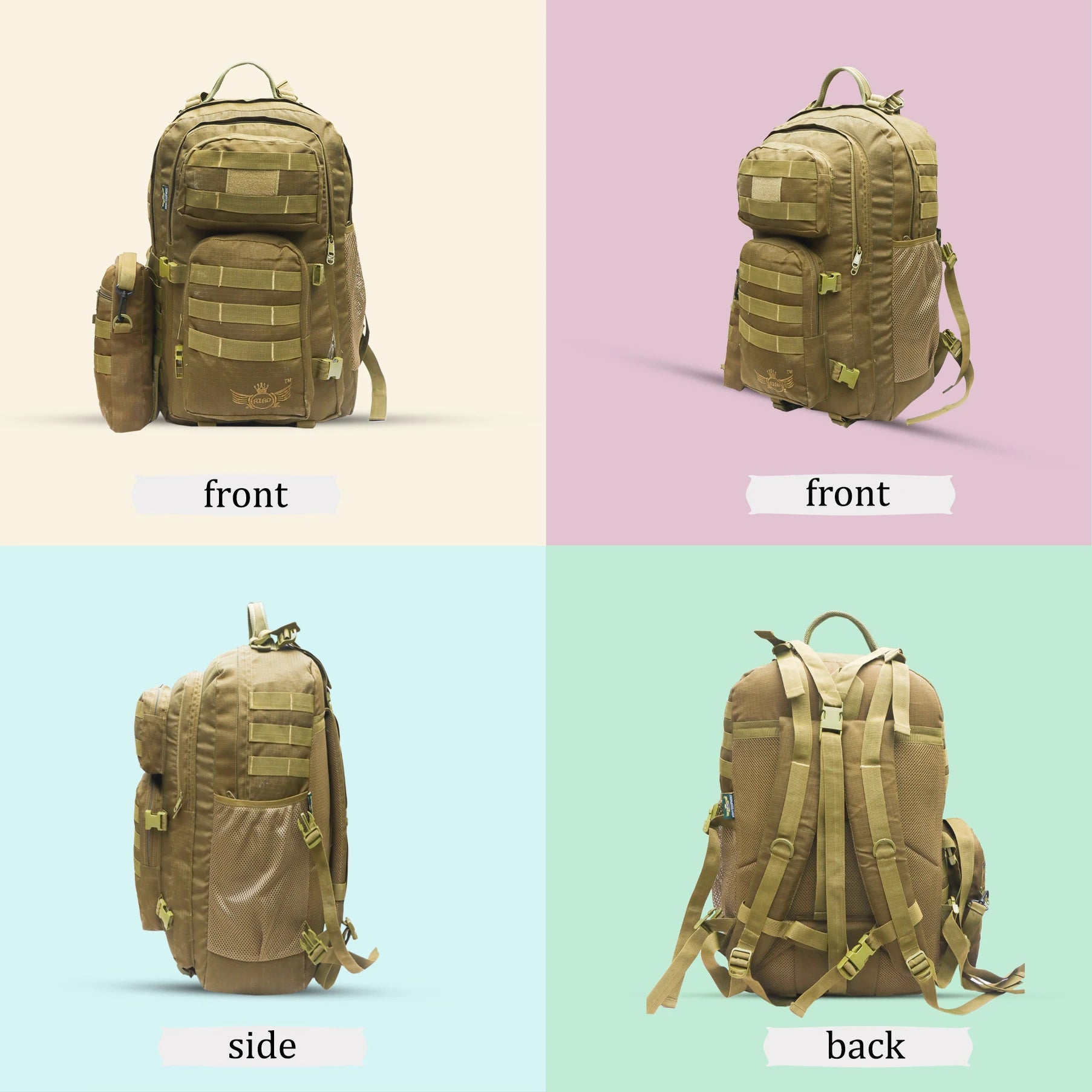 AZAD GEARS ARMY WAAR 70 LTR BACKPACK WITH EXTRA SPACE WITH 3 COMPARTMENT AND 5 POCKETS AND DETACHABLE SLING BAG FOR TREKKING AND TRAVELLING | MEN & WOMEN | ARMY LITE GREEN| FREE SIZE