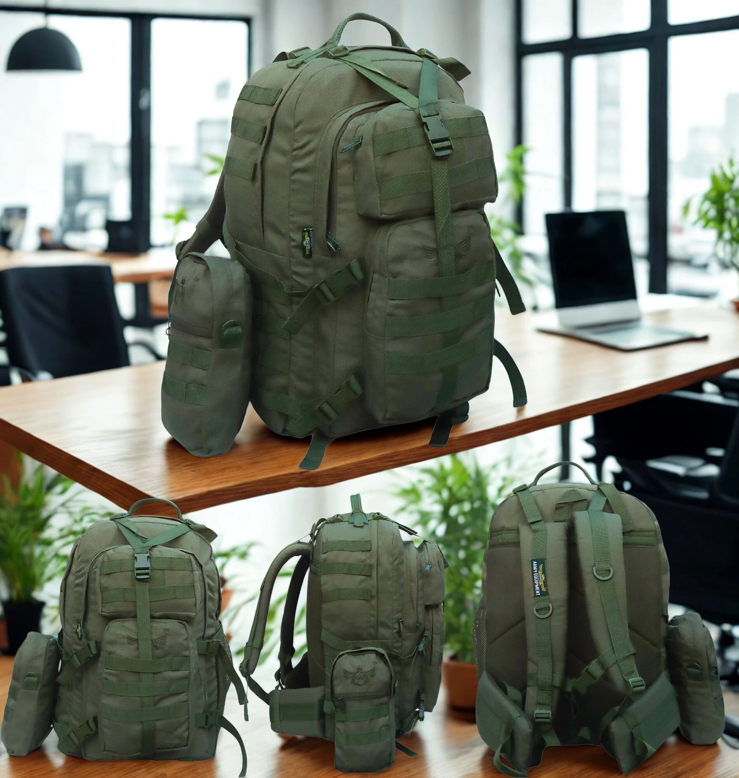 AZAD GEARS ARMY WAAR 70 LTR BACKPACK WITH EXTRA SPACE WITH 3 COMPARTMENT AND 5 POCKETS AND DETACHABLE SLING BAG FOR TREKKING AND TRAVELLING | MEN & WOMEN | ARMY GREEN| FREE SIZE