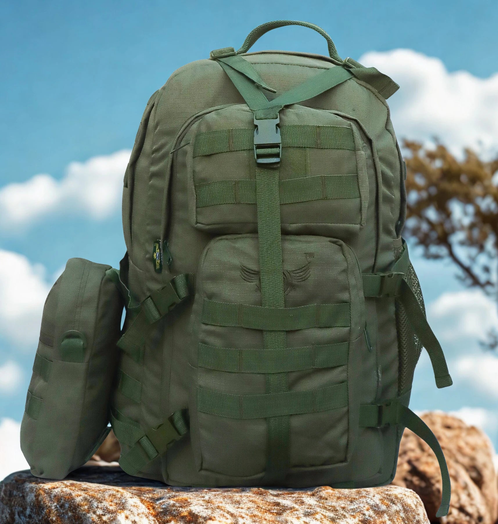 AZAD GEARS ARMY WAAR 70 LTR BACKPACK WITH EXTRA SPACE WITH 3 COMPARTMENT AND 5 POCKETS AND DETACHABLE SLING BAG FOR TREKKING AND TRAVELLING | MEN & WOMEN | ARMY GREEN| FREE SIZE