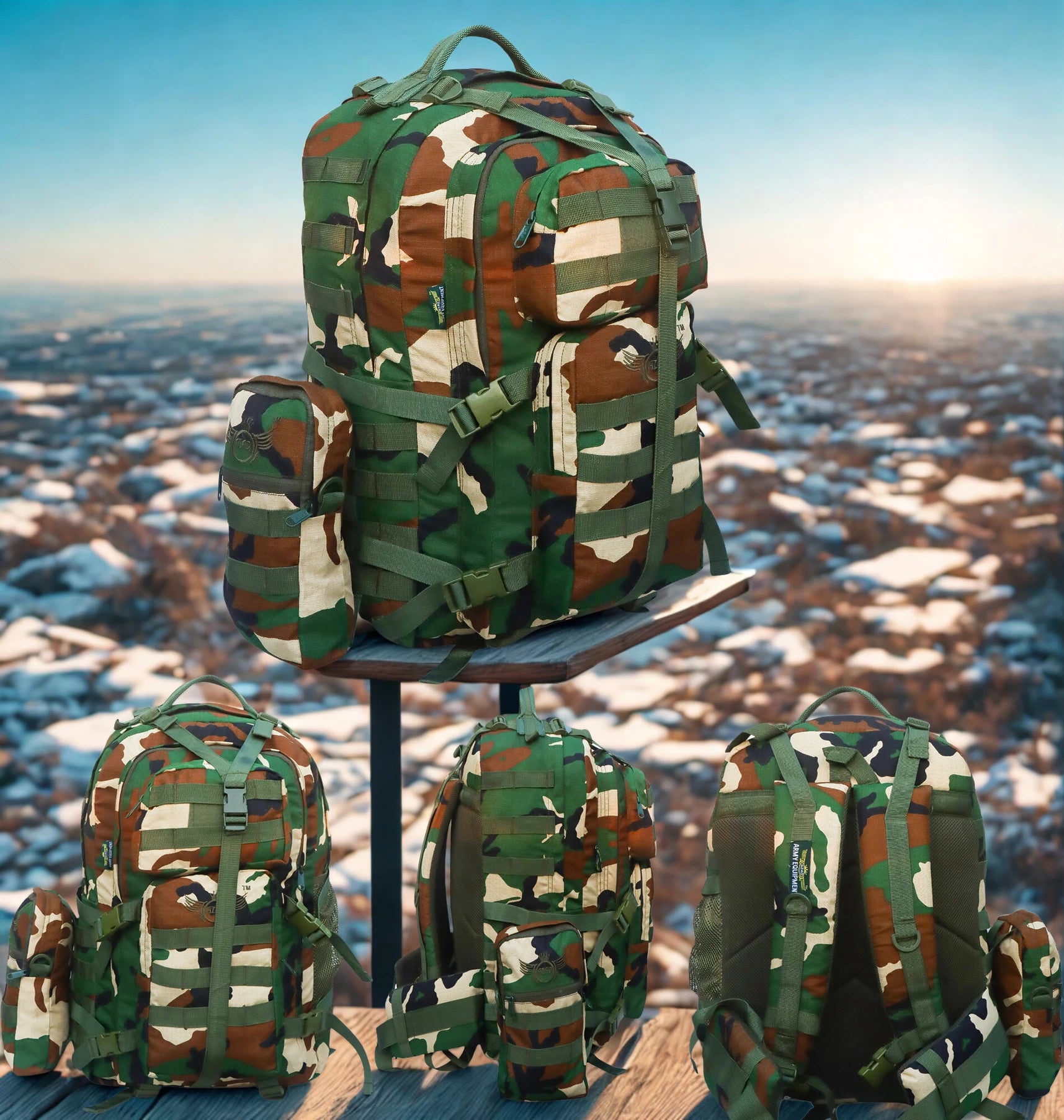 AZAD GEARS ARMY WAAR 70 LTR BACKPACK WITH EXTRA SPACE WITH 3 COMPARTMENT AND 5 POCKETS AND DETACHABLE SLING BAG FOR TREKKING AND TRAVELLING | MEN & WOMEN | ARMY POLYESTER CAMOUFLAGE| FREE SIZE