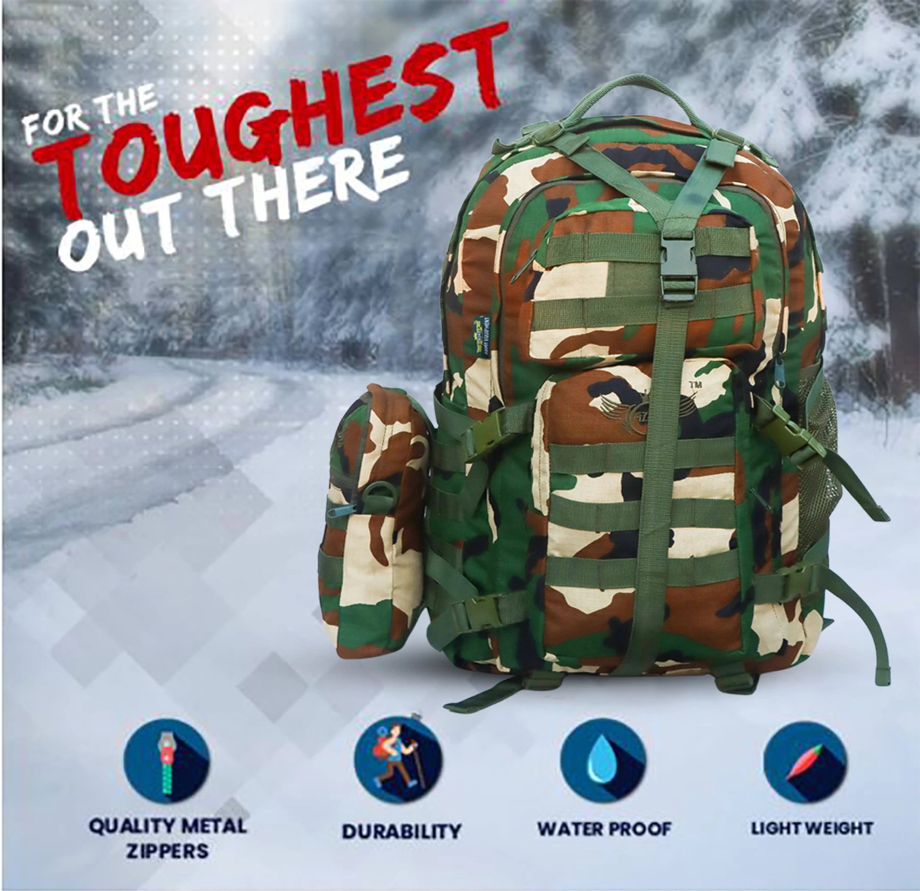 AZAD GEARS ARMY WAAR 70 LTR BACKPACK WITH EXTRA SPACE WITH 3 COMPARTMENT AND 5 POCKETS AND DETACHABLE SLING BAG FOR TREKKING AND TRAVELLING | MEN & WOMEN | ARMY POLYESTER CAMOUFLAGE| FREE SIZE