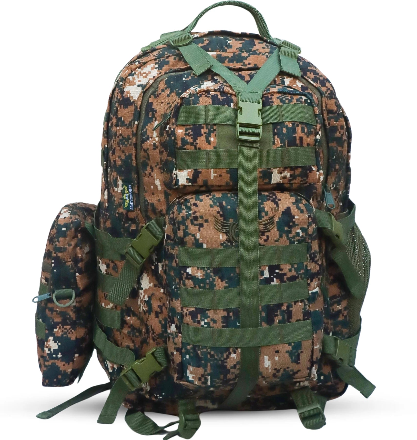 AZAD GEARS ARMY WAAR 70 LTR BACKPACK WITH EXTRA SPACE WITH 3 COMPARTMENT AND 5 POCKETS AND DETACHABLE SLING BAG FOR TREKKING AND TRAVELLING | MEN & WOMEN | ARMY POLYESTER CAMOUFLAGE| FREE SIZE