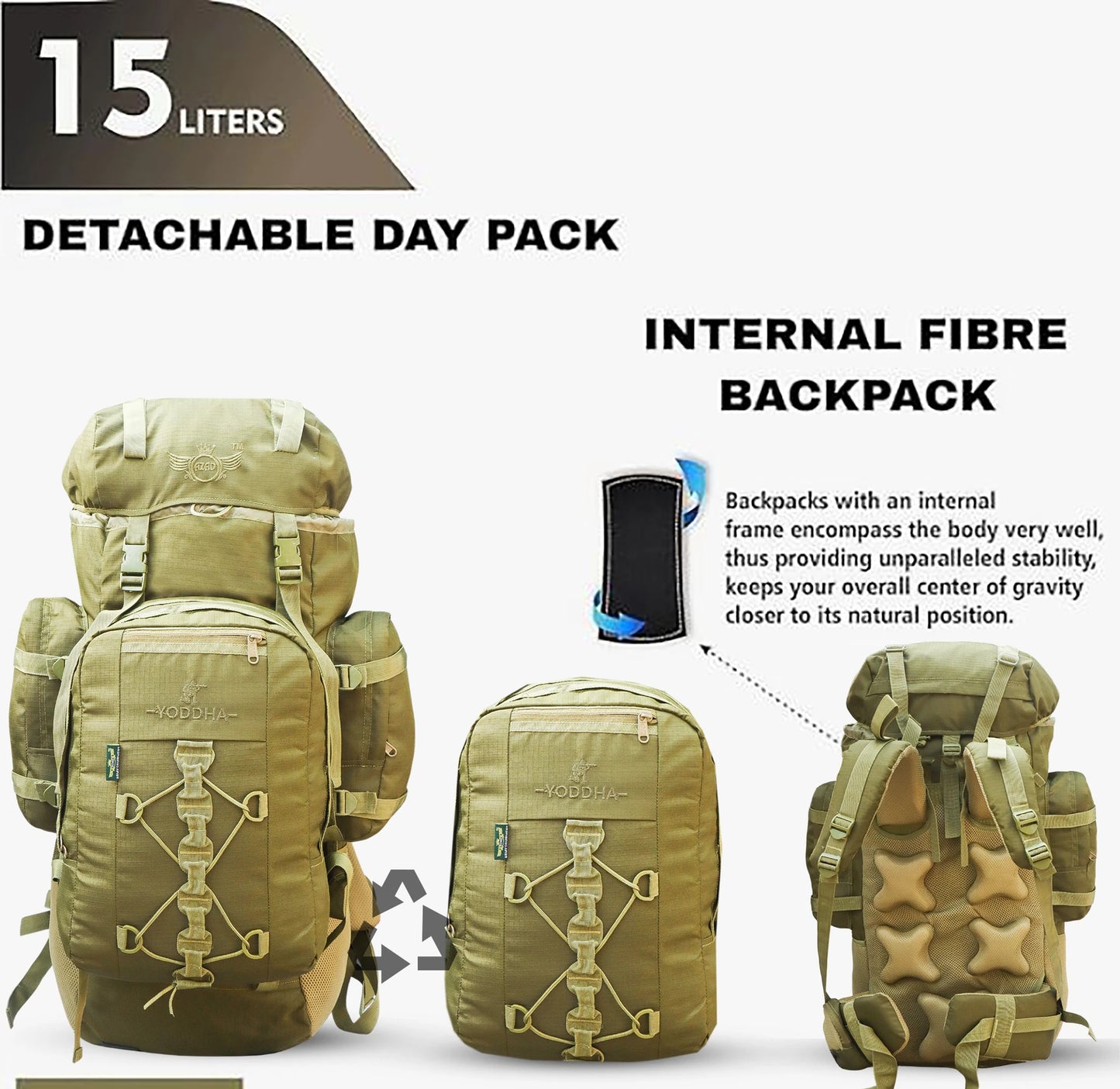 AZAD GEARS ARMY METAL FRAME YODDAH RUCKSACK 155 LTR BAG WITH DETACHABLE BACKPACK AND MULTIPLE POCKETS AND PROTECTED BASE FOR TREKKING AND TRAVELLING | MEN & WOMEN | ARMY LITE GREEN | LARGE CAPACITY