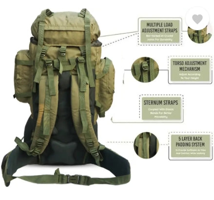AZAD GEARS ARMY METAL FRAME YODDAH RUCKSACK 155 LTR BAG WITH DETACHABLE BACKPACK AND MULTIPLE POCKETS AND  PROTECTED BASE FOR TREKKING AND TRAVELLING | MEN & WOMEN | ARMY GREEN | LARGE CAPACITY